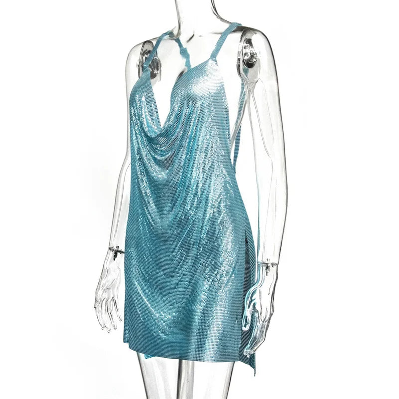 Metallic Chain Halter Metal Backless Mini Dresses