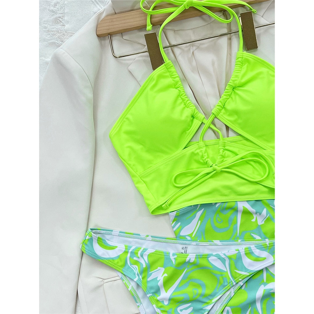 Halter Lace Up Bikini Set & Mini Skirt