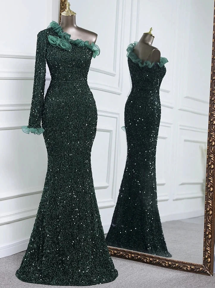 Sequins One Sleeve Lace Floor-Length Dresses