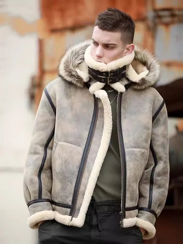 Genuine Leather Hooded Wool Lining Real Fur Coat