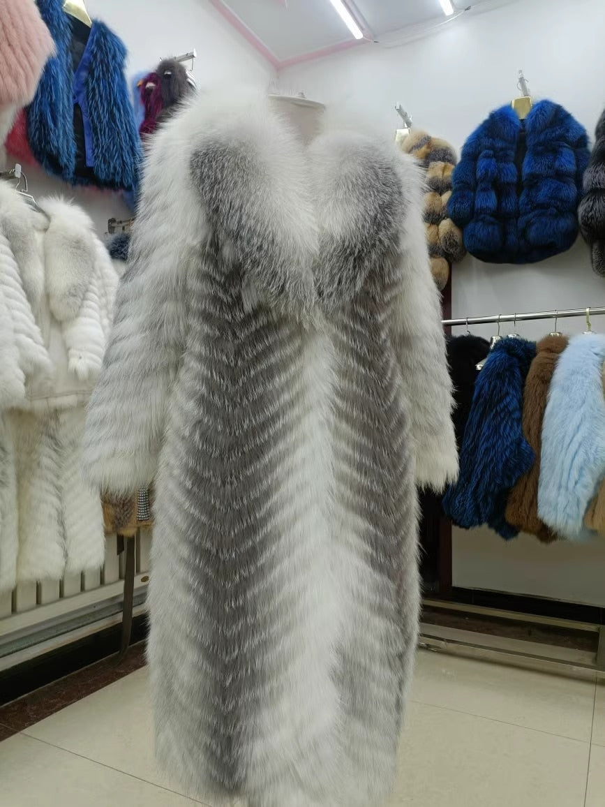 Thin Striped Color Pattern Real Fox Fur Coats X-Long