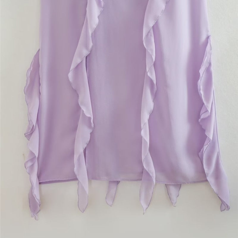 Ruffle Suspender Lace Up Side Slit Maxi Dress