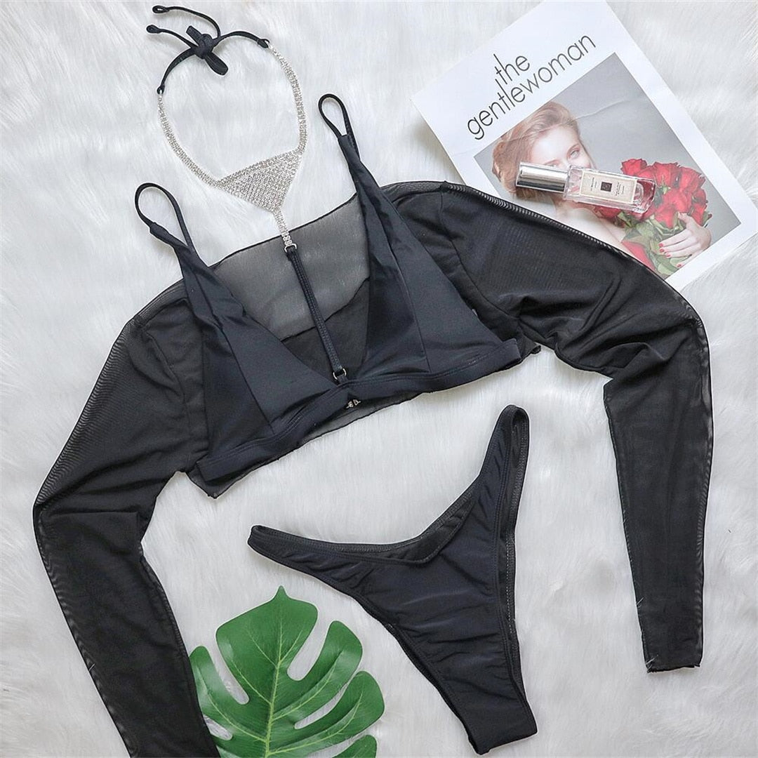 Diamond Long Sleeve Hollow Micro Crop Bikini Set