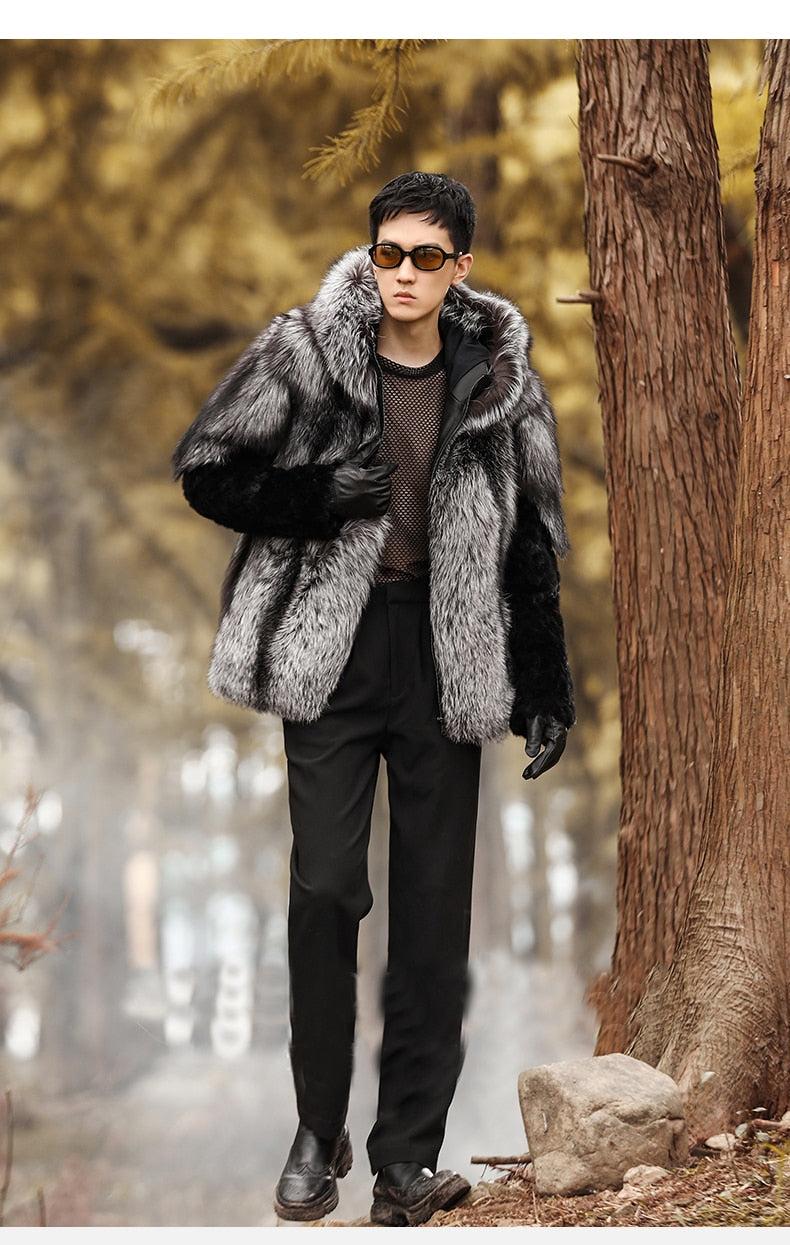 Real Fox Fur Hooded Coats Black Real Mink Fur Sleeves
