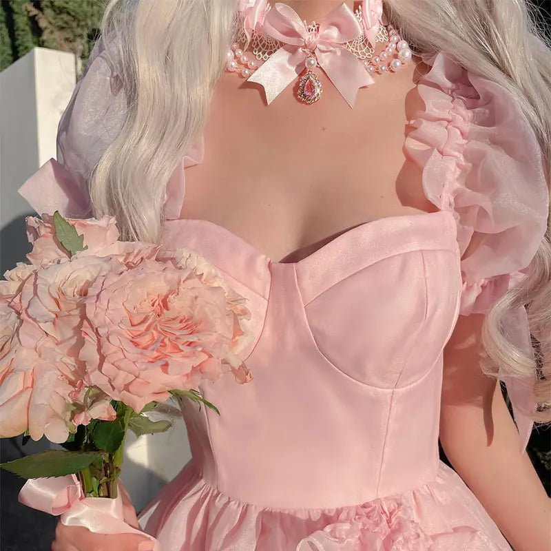 Pink Princess Ruffles Puff Sleeved Loose Bottom Gown