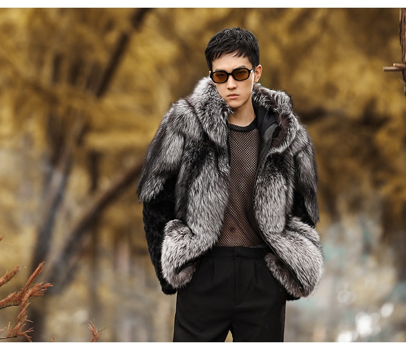 Real Fox Fur Hooded Coats Black Real Mink Fur Sleeves