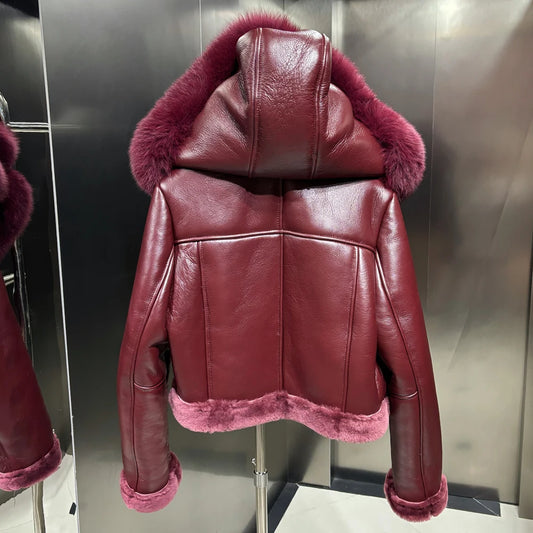 Genuine Leather Coat Shearling Liner Big Fur Collar Hooded