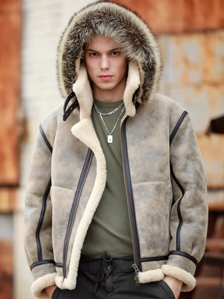 Genuine Leather Hooded Wool Lining Real Fur Coat