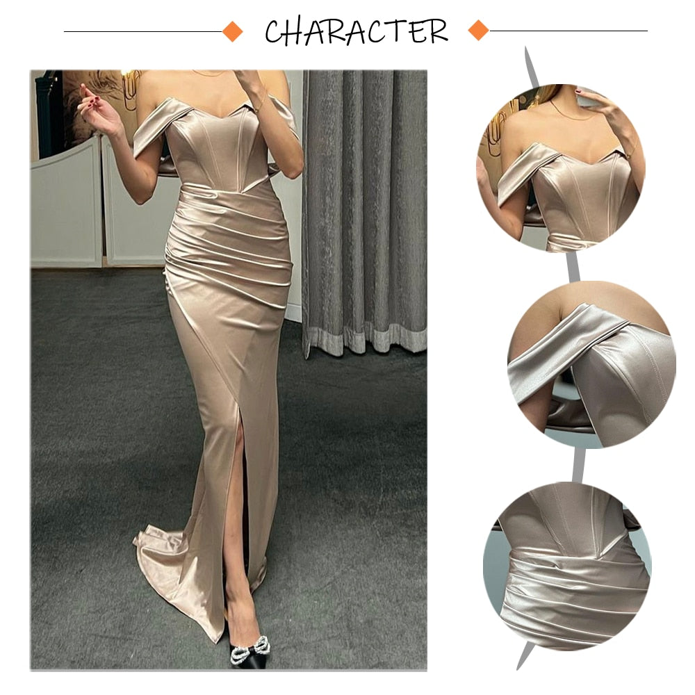 Satin Off The Shoulder Pleated Mid Split Dresses