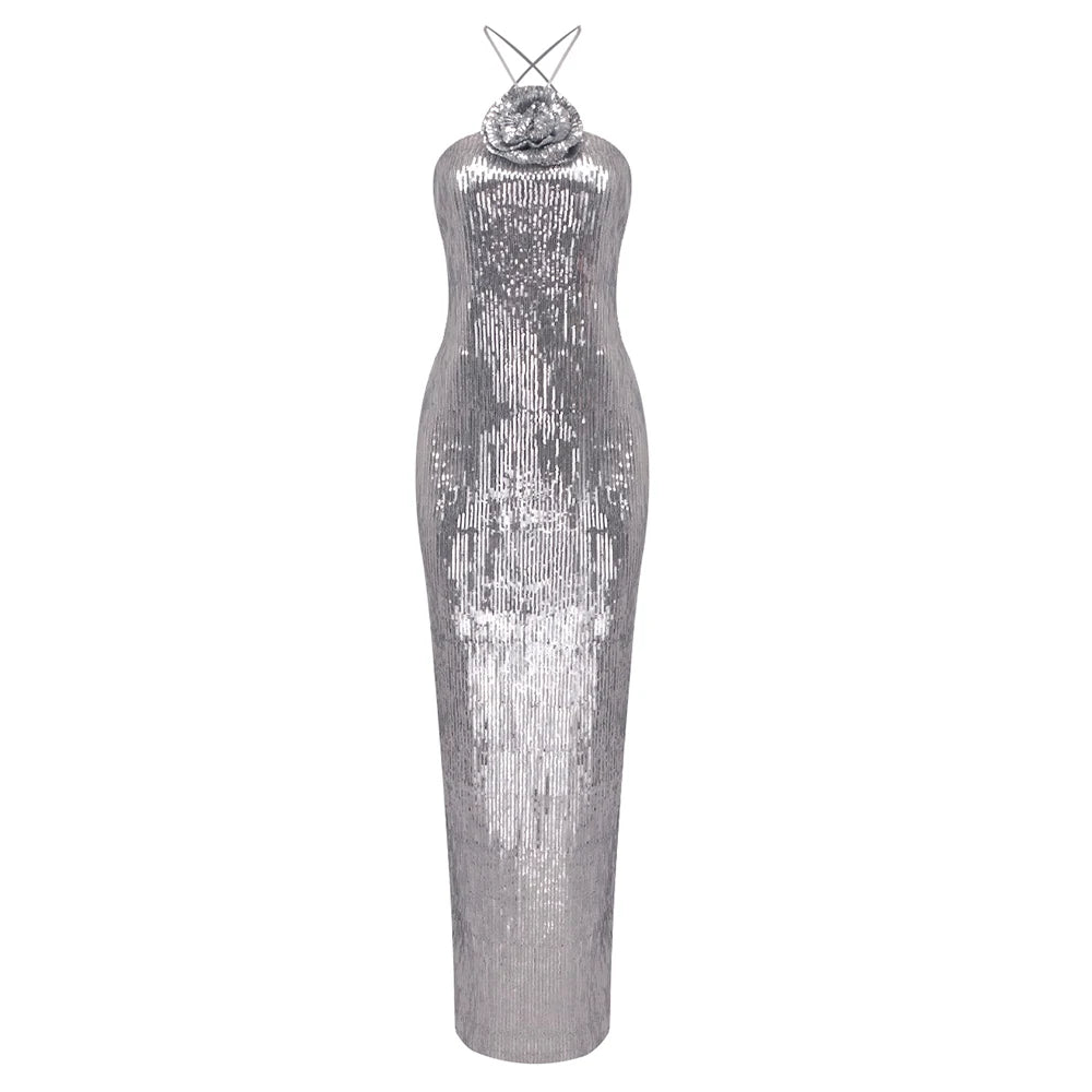 3D Flower Silver Sequin Halter Backless Long Dress