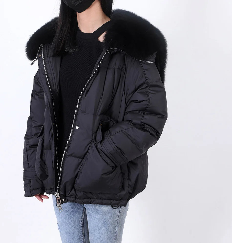 Losse Duck Down Real Fox Fur Collar Parka Puffer Coats