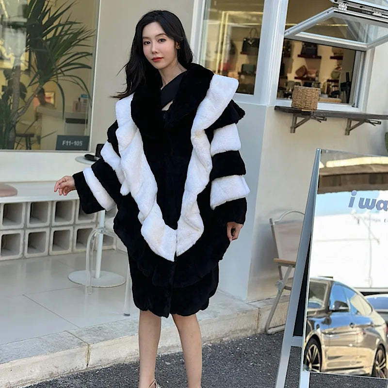 Black & White Contrast Lapel Real Fur Coat