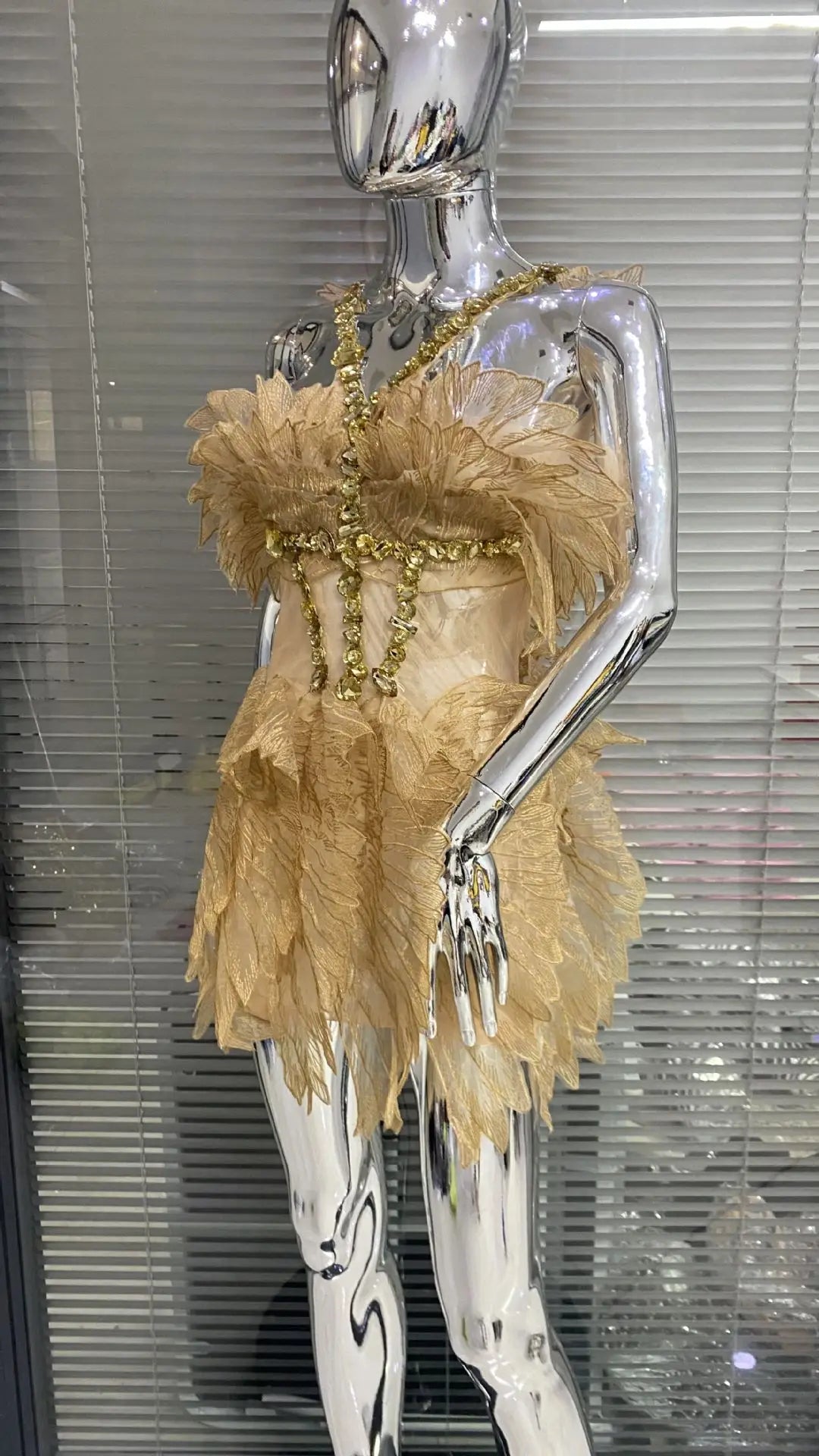 Crystal Wing Feather Mesh Crystal Mini Dresses