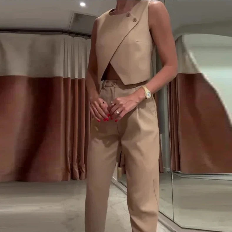 Sleeveless Single Breasted Crop & Pants Sets