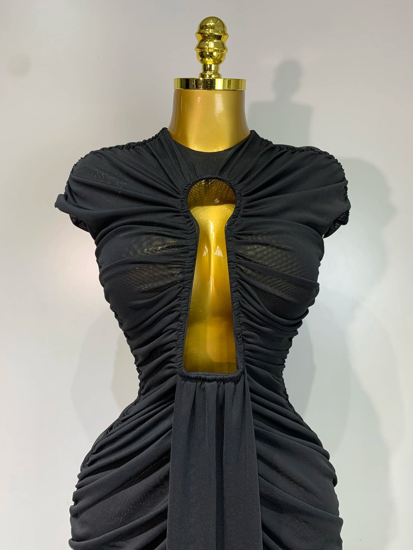 Sleeveless Open V Mesh Long Black Dress