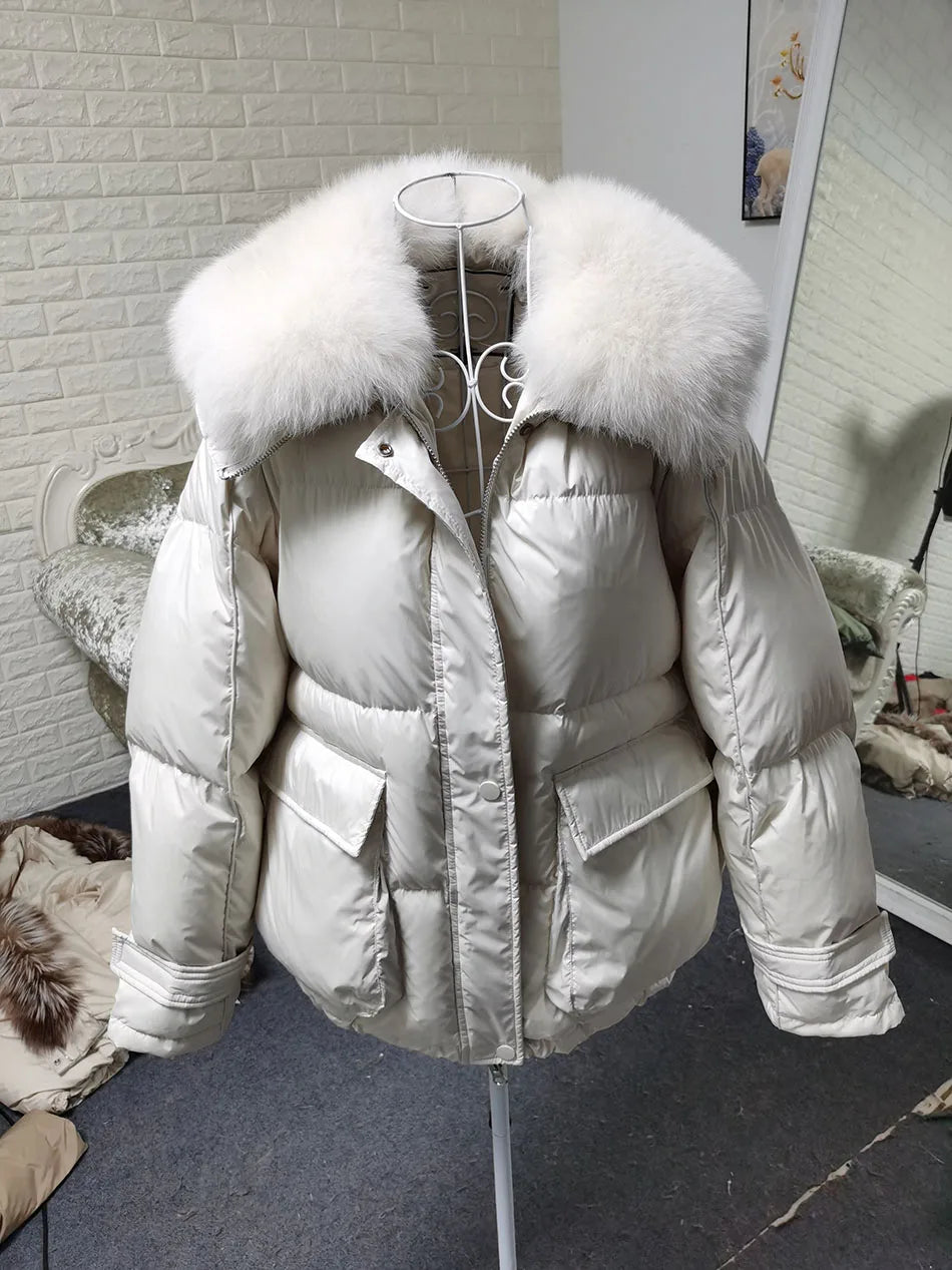 Losse Duck Down Real Fox Fur Collar Parka Puffer Coats