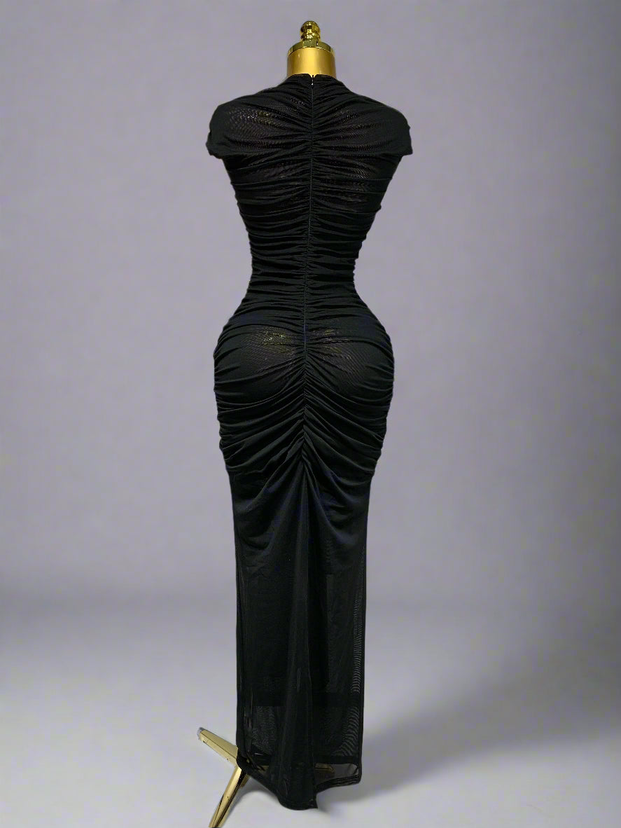 Sleeveless Open V Mesh Long Black Dress