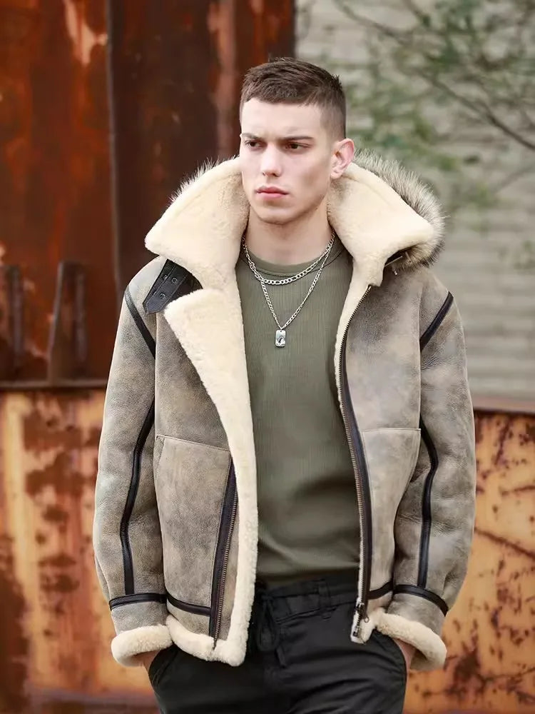 Genuine Leather Hooded Wool Lining Real Fur Coat