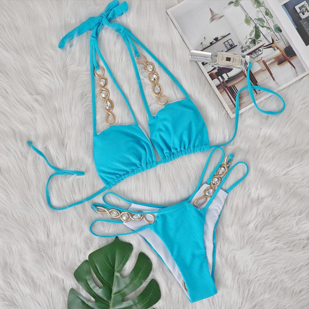 Diamond Scrunch Butt Halter Bikini Sets