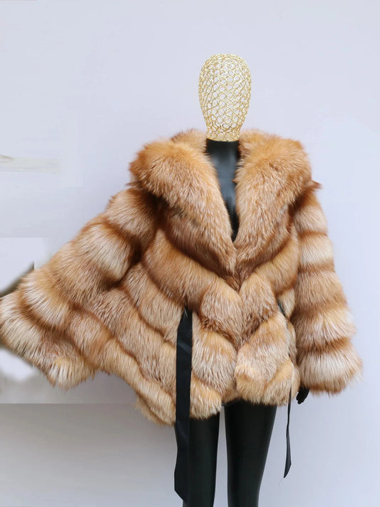 Real Fur Coat Batwing Sleeve Hooded