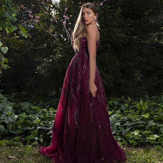 Crystal Beads One Sleeve Floor-Length Gowns