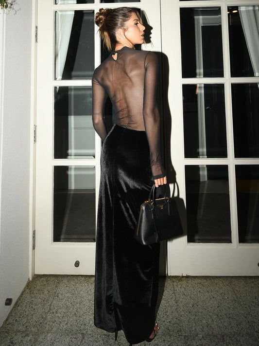 Mesh Long Sleeve Velvet Maxi Skirt Dress