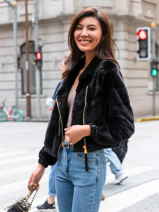 Black Pattern Real Mink Fur Coat Short