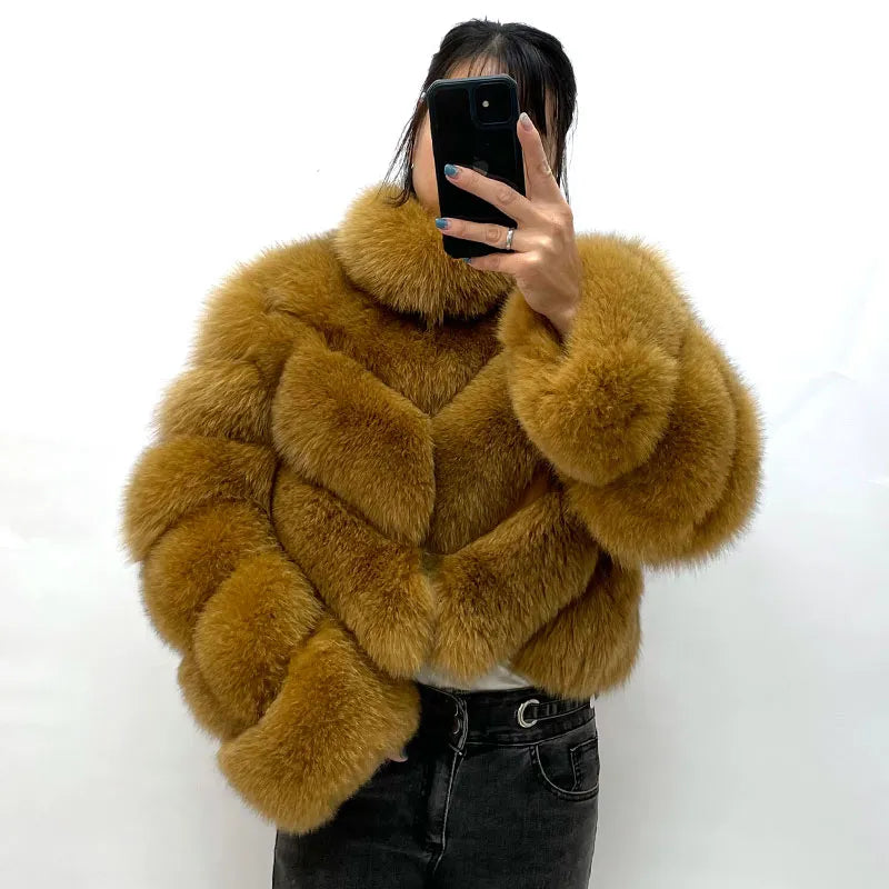 Pattern Cropped Real Fox Fur Coats