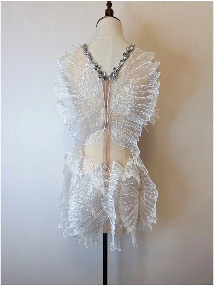 Crystal Wing Feather Mesh Crystal Mini Dresses