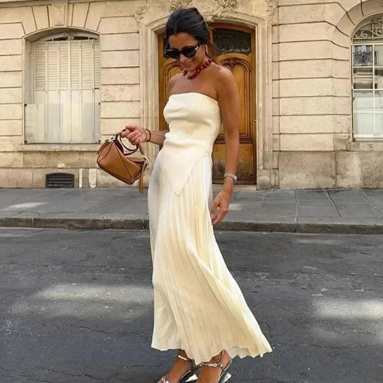 Strapless Pleated Top & High Waist Skirts Sets