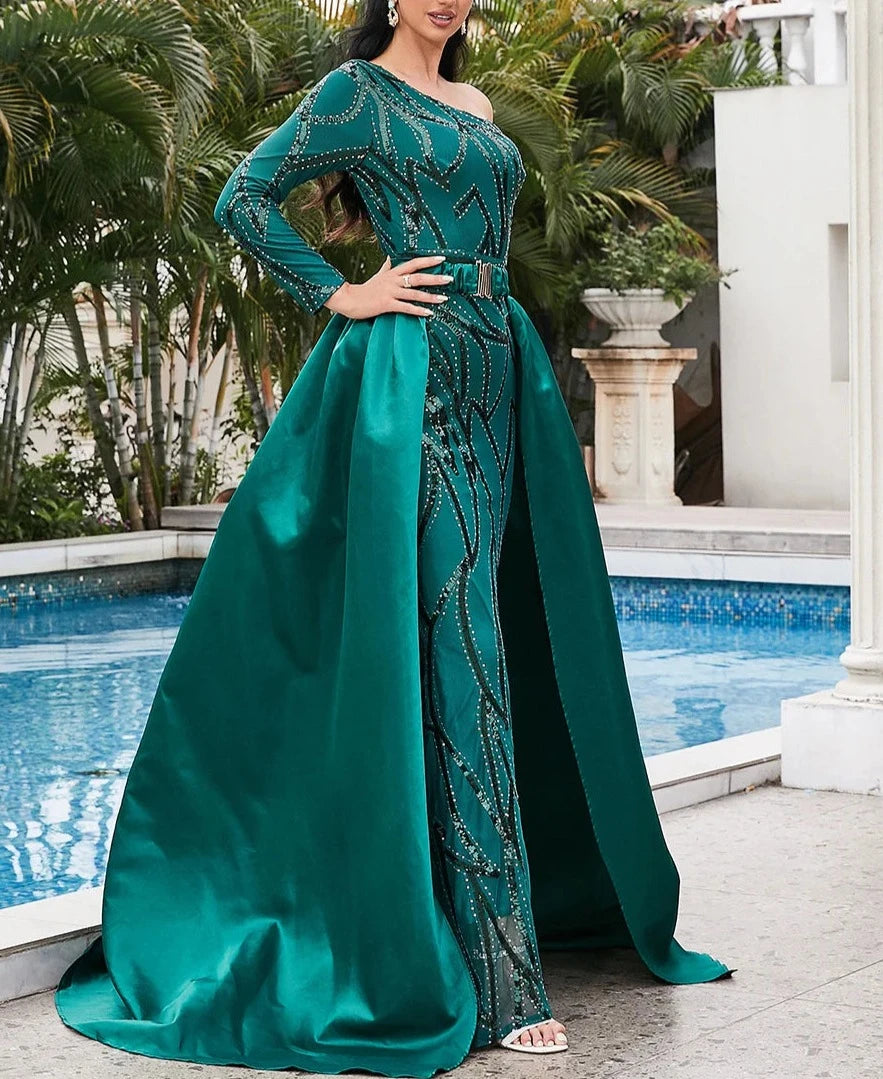 Sequin One Shoulder Waist Shawl Long Dresses