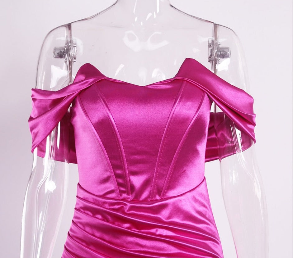 Satin Off The Shoulder Pleated Mid Split Dresses