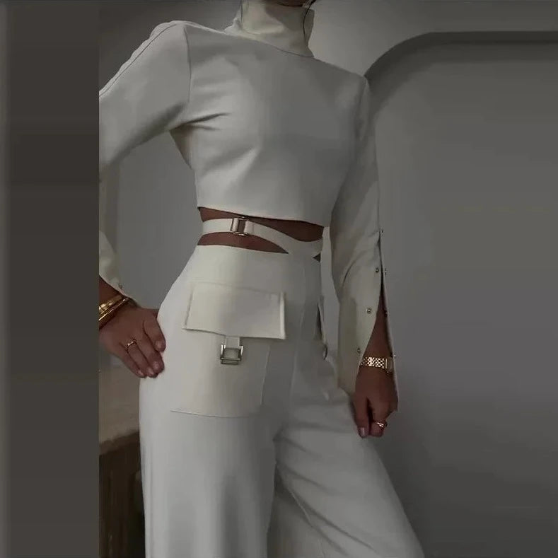 Button Long Sleeve Crop & X-Wide Leg Pant Sets