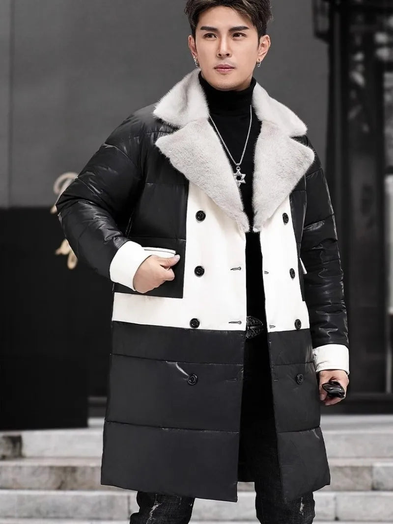 Genuine Leather Long Down Coat Mink Fur Collar