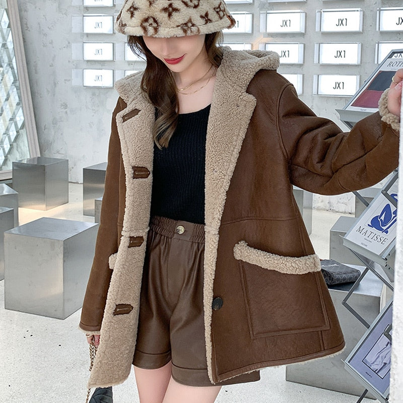 Genuine Leather Coats Hooded Merino Shearing Fur Lining