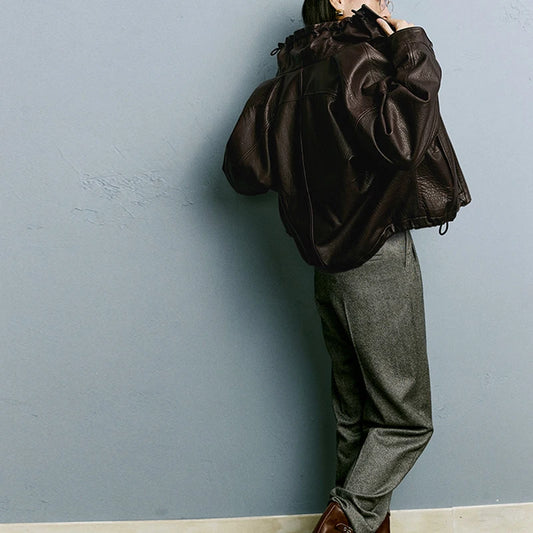 Real Leather Jacket Women Autumn High Stand Collar Drawstring Double Zippers Locomotive Retro Short Sheepskin Coat Kurtka Damska