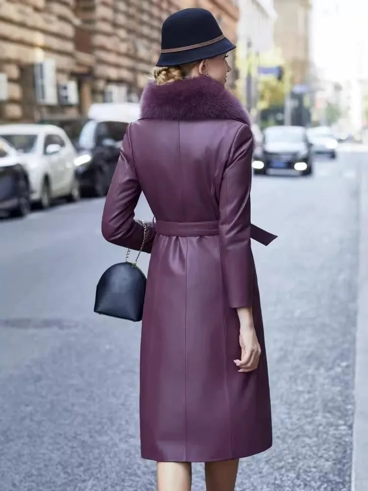 Purple Genuine Leather Trench Coat Real Fur Collar