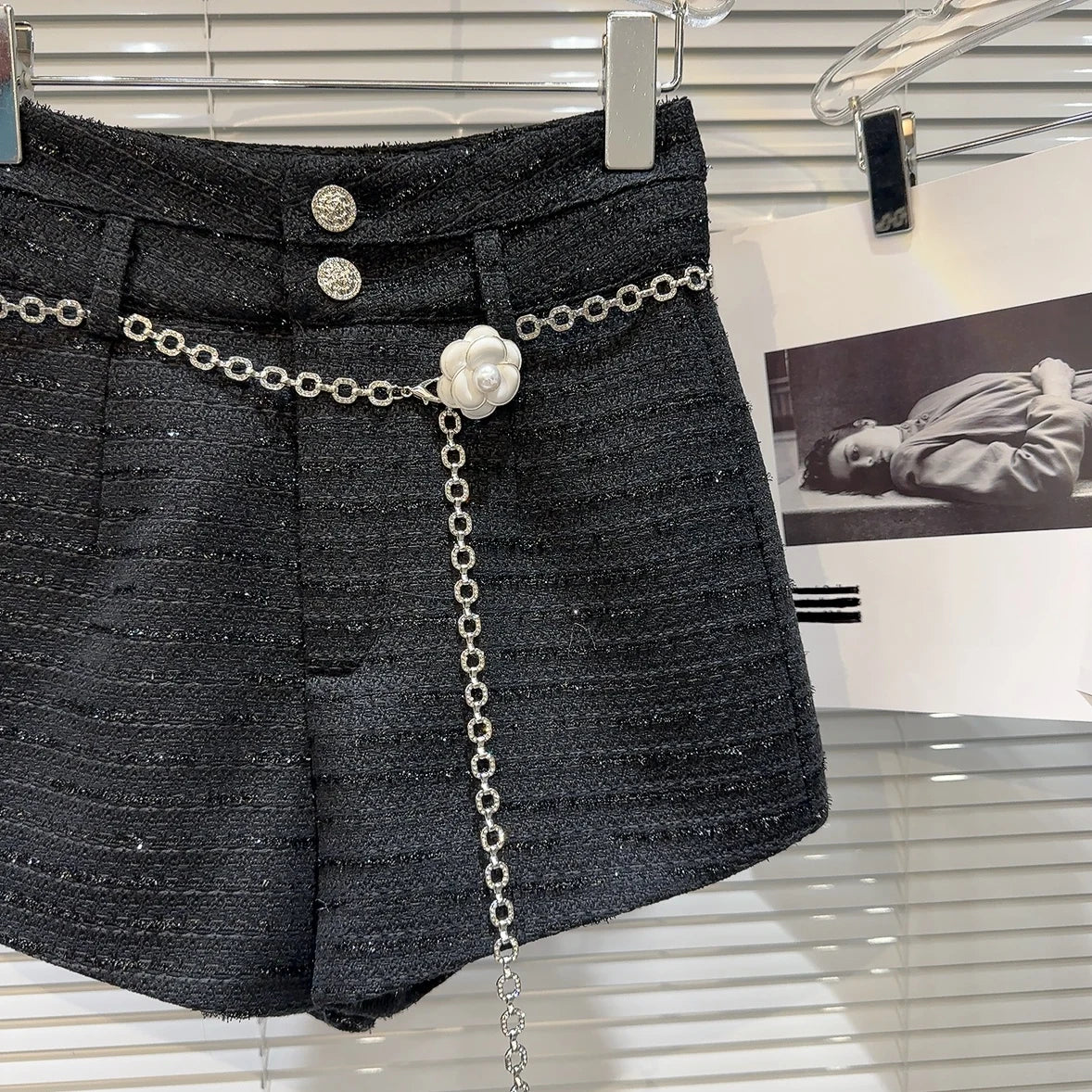 Pearl Flower Double Buttons Waist Chain Tweed Shorts