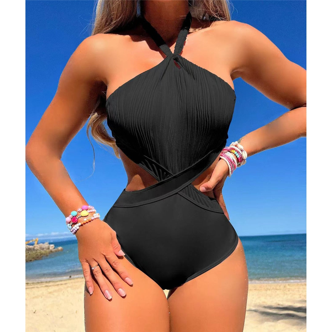 Halter Cut Out Wrinkled One Pieces