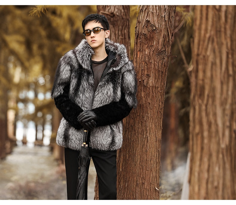 Real Fox Fur Hooded Coats Black Real Mink Fur Sleeves