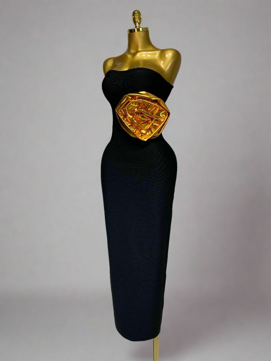 Strapless Gold 3D Flower Long Dress