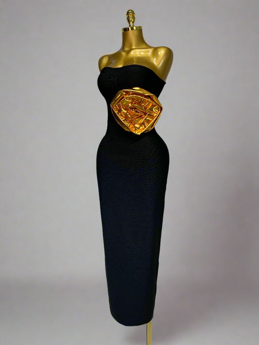 Strapless Gold 3D Flower Long Dress