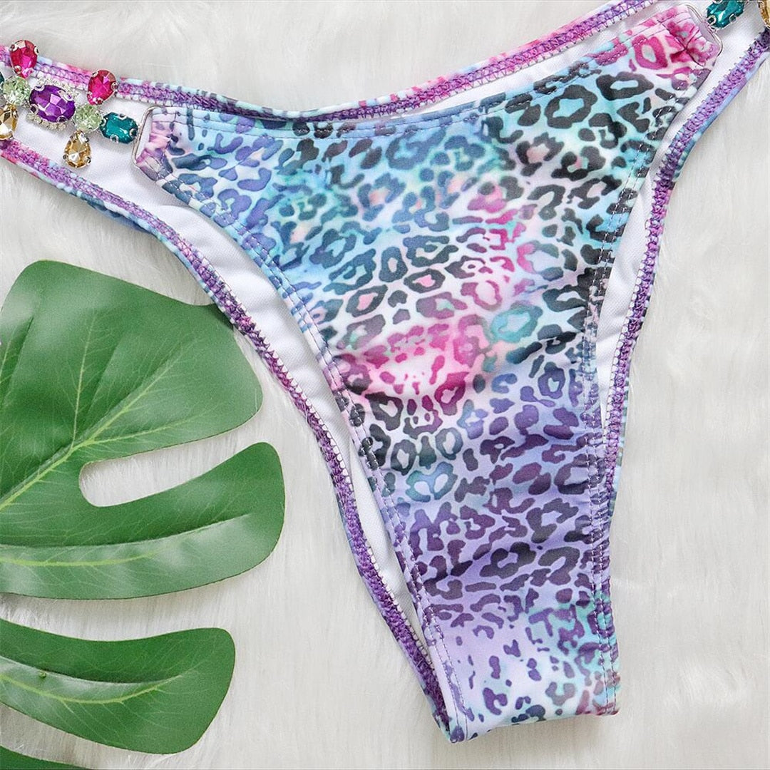 Colorful Leopard Rhinestone Bikini Set