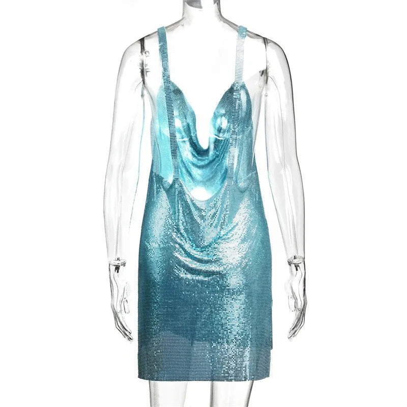 Metallic Chain Halter Metal Backless Mini Dresses