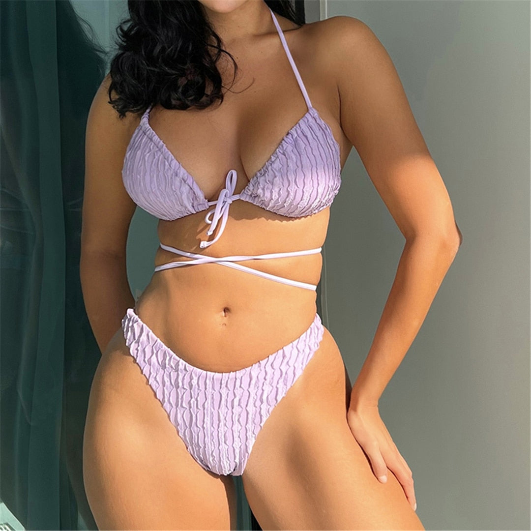 Wrinkled Wrap Halter Brazilian Bikini Set
