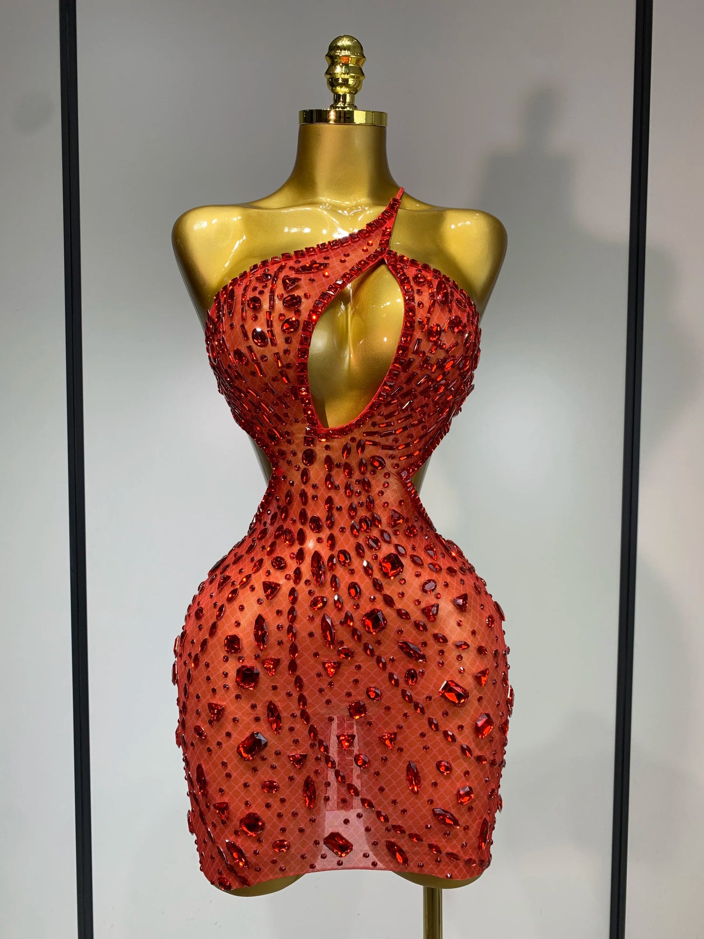 Rhinestone Hollow Backless Mesh Mini Dresses