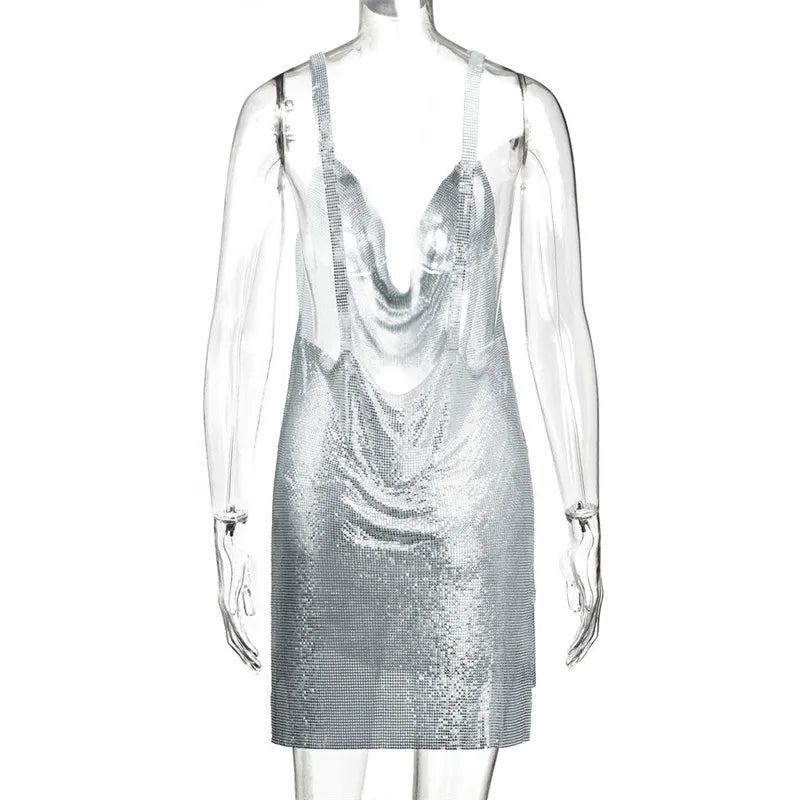 Metallic Chain Halter Metal Backless Mini Dresses