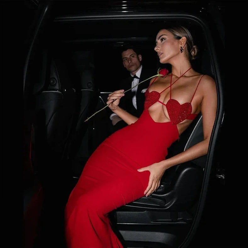 Hollow Shiny Heart Sling Long Dresses