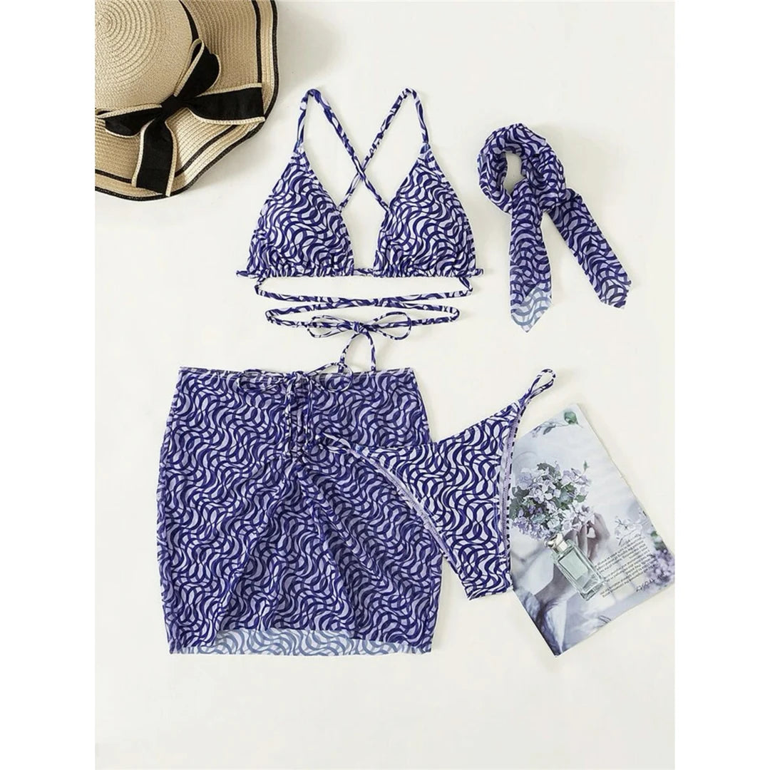 Printed Bikini + Skirt + Hairband 4pcs Sets