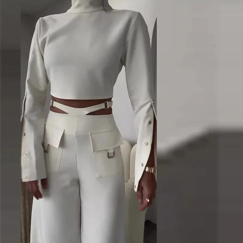 Button Long Sleeve Crop & X-Wide Leg Pant Sets